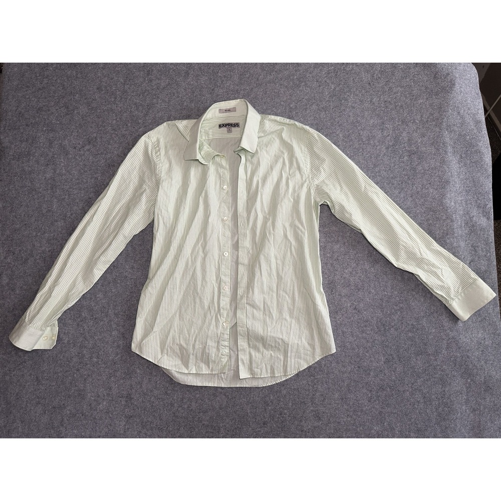 Express Fitted Button Down Shirt Medium Green White Striped Cotton Blend